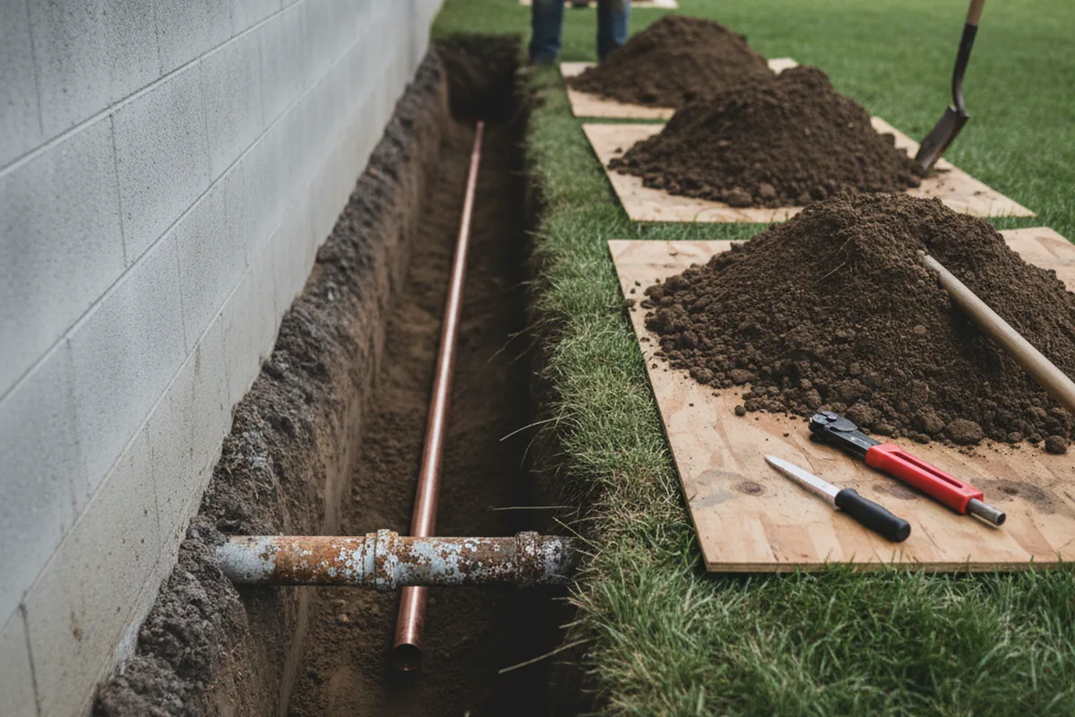 Excavated water line trench during Water Heater Repair in Olar